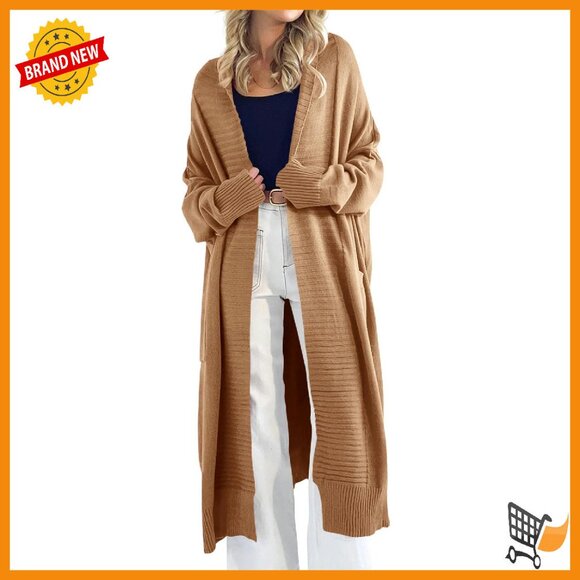 Chunky Knit Oversized Cardigan Sweater Coat with Pockets Below Knee